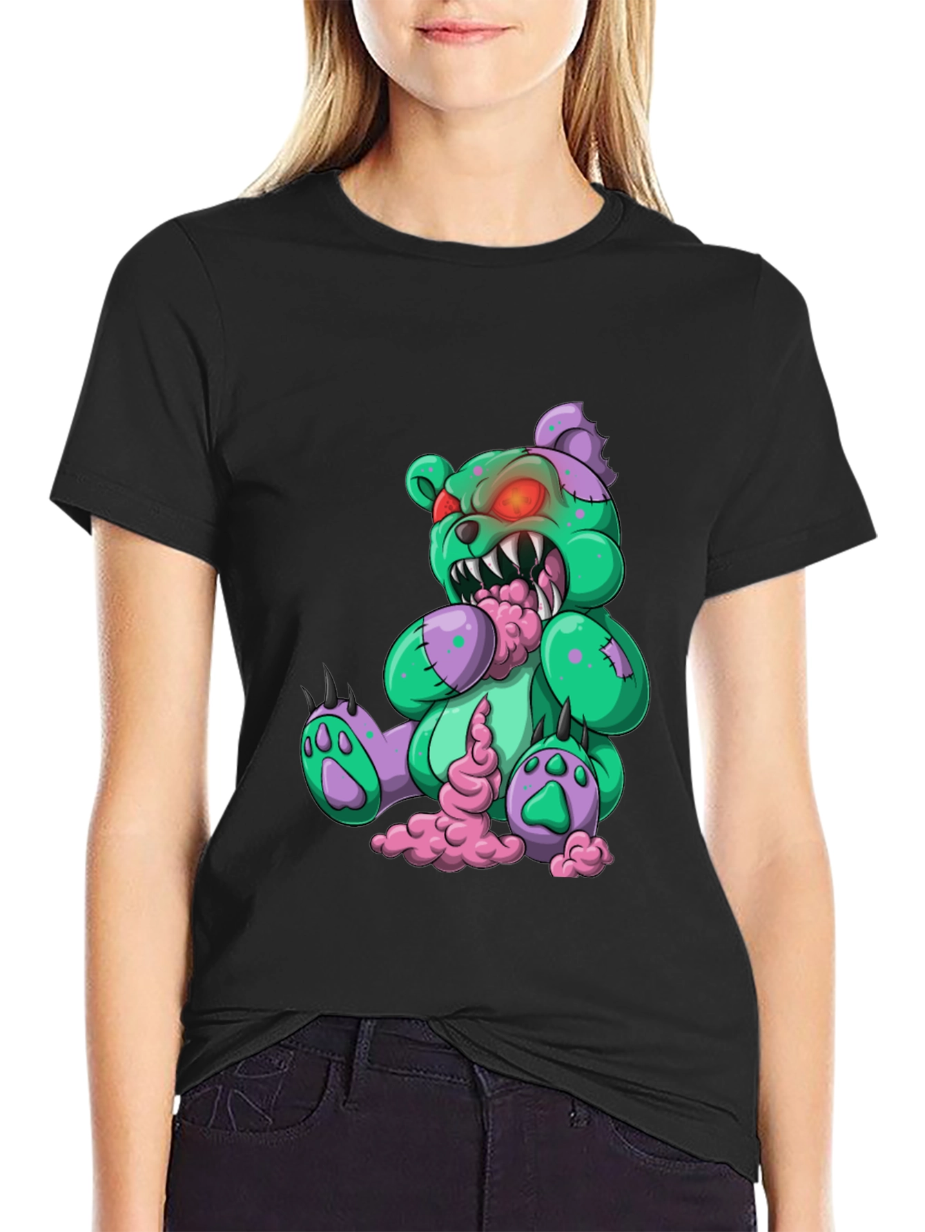 Camiseta Negra con Diseño de Oso Zombie