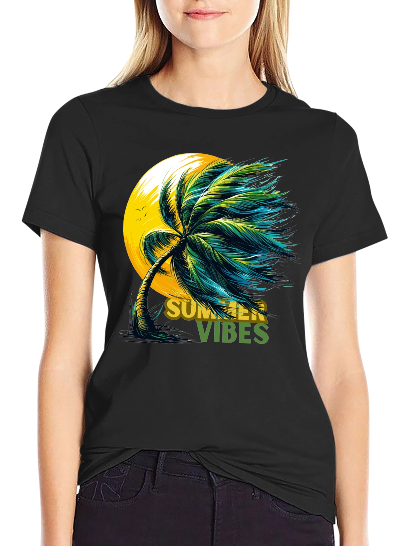 Camiseta Negra con Diseño de Palmera Summer Vibes