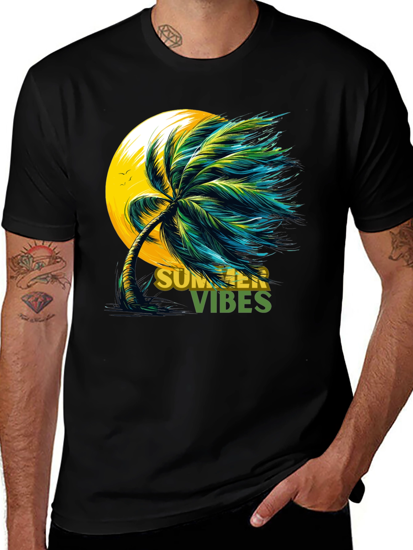 Camiseta Negra con Diseño de Palmera Summer Vibes