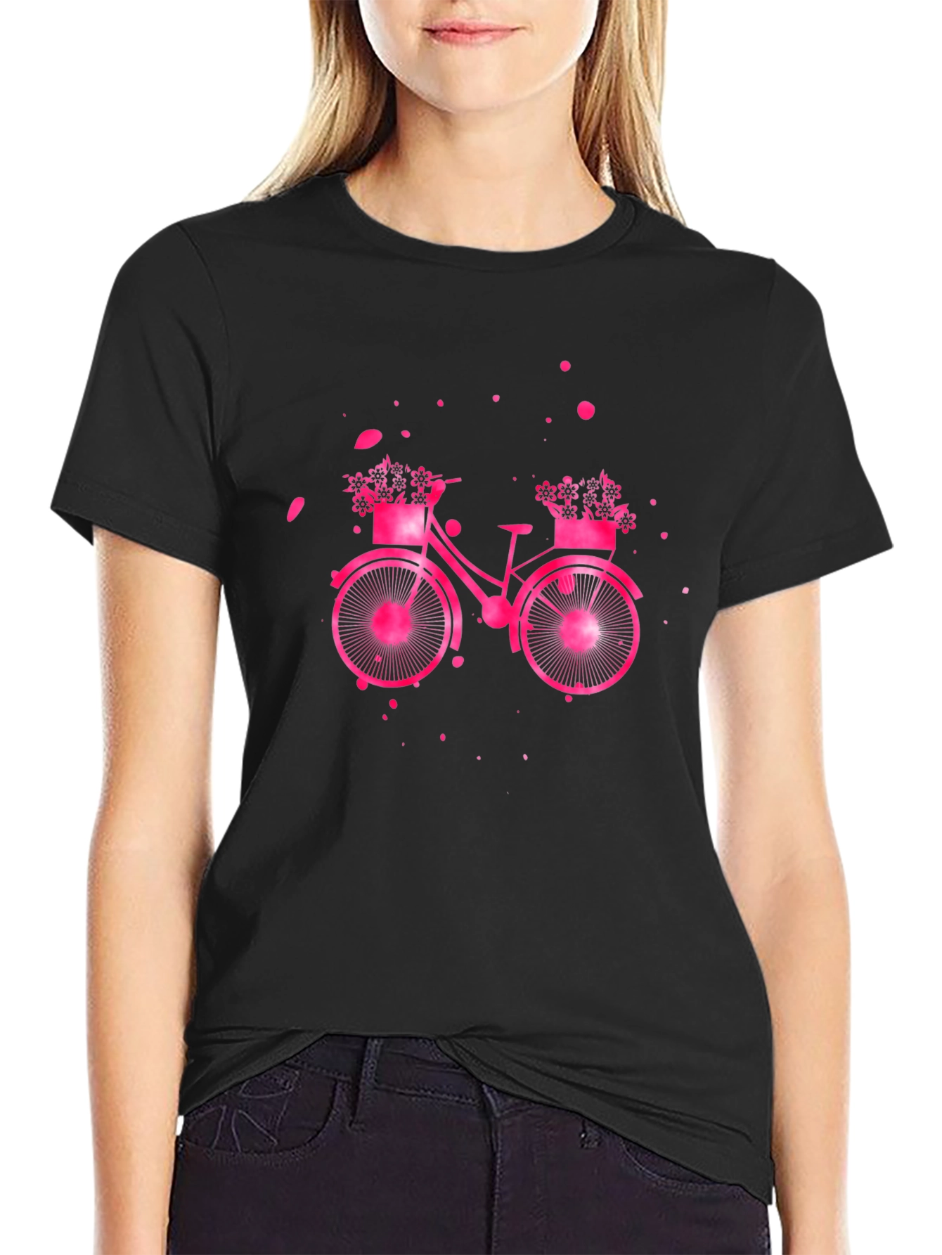 Camiseta Negra con Bicicleta Floral Rosa