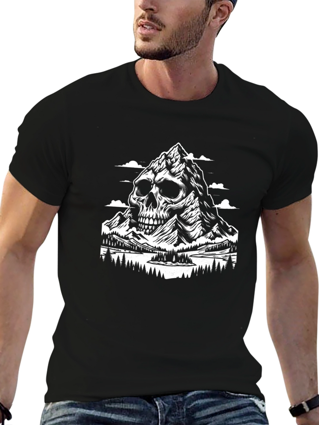 Camiseta Negra con Diseño de Montaña Calavera