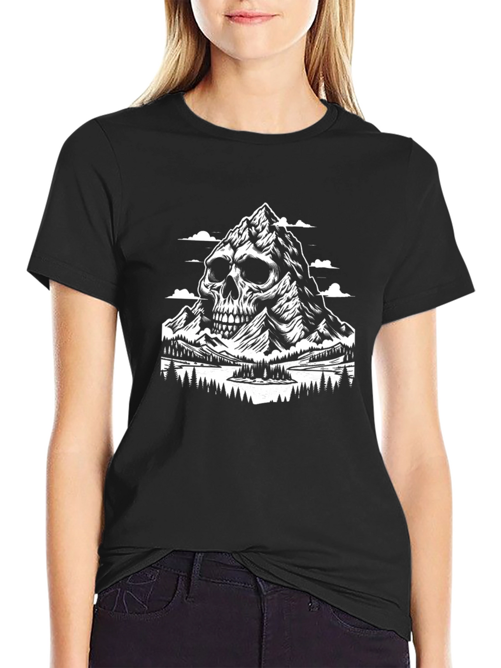 Camiseta Negra con Diseño de Montaña Calavera