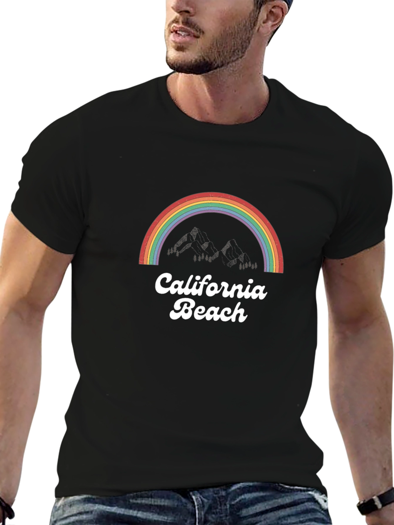 Camiseta Negra California Beach con Arcoíris