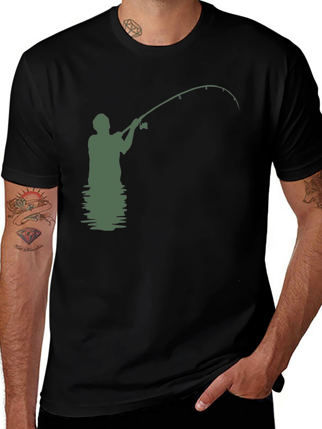 Camiseta Hombre Negra con Diseño de Pesca