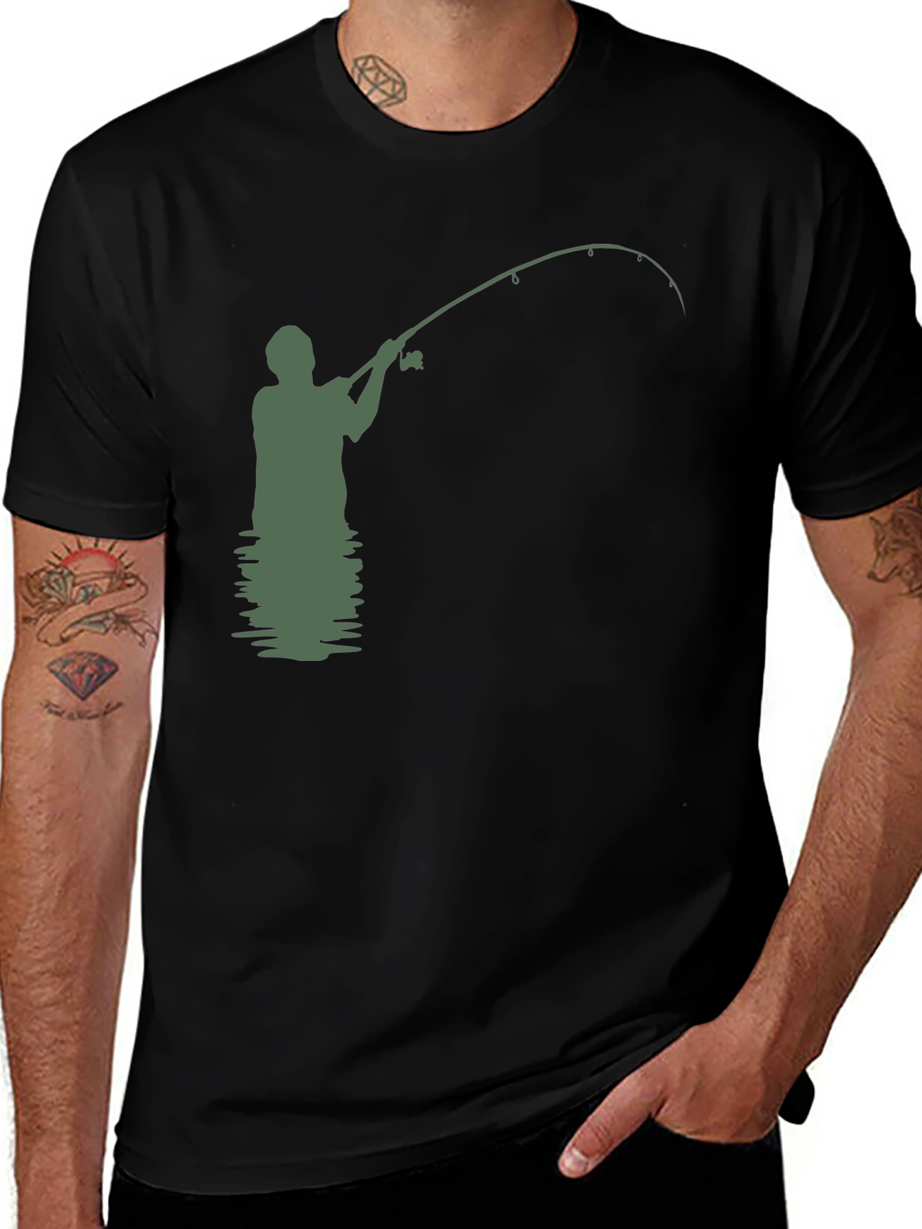 Camiseta Hombre Negra con Diseño de Pesca