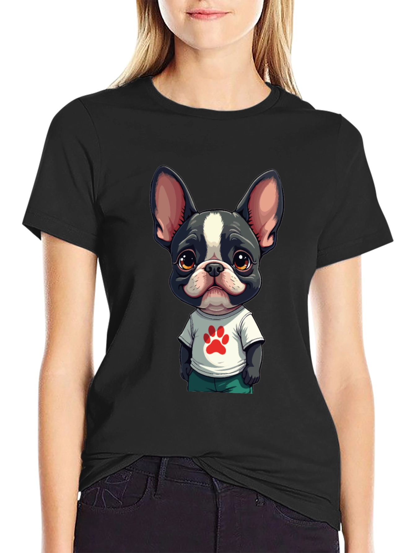 Camiseta Hombre Negra con Diseño Cachorro Bulldog Francés