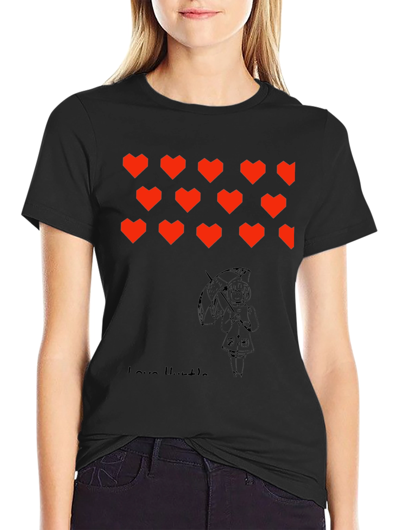 Camiseta Negra con Corazones y Diseño Gráfico
