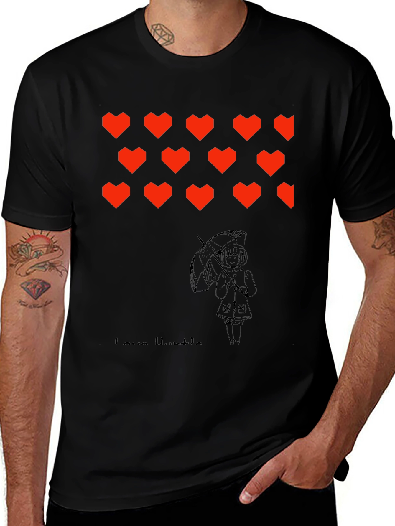 Camiseta Negra con Corazones y Diseño Gráfico