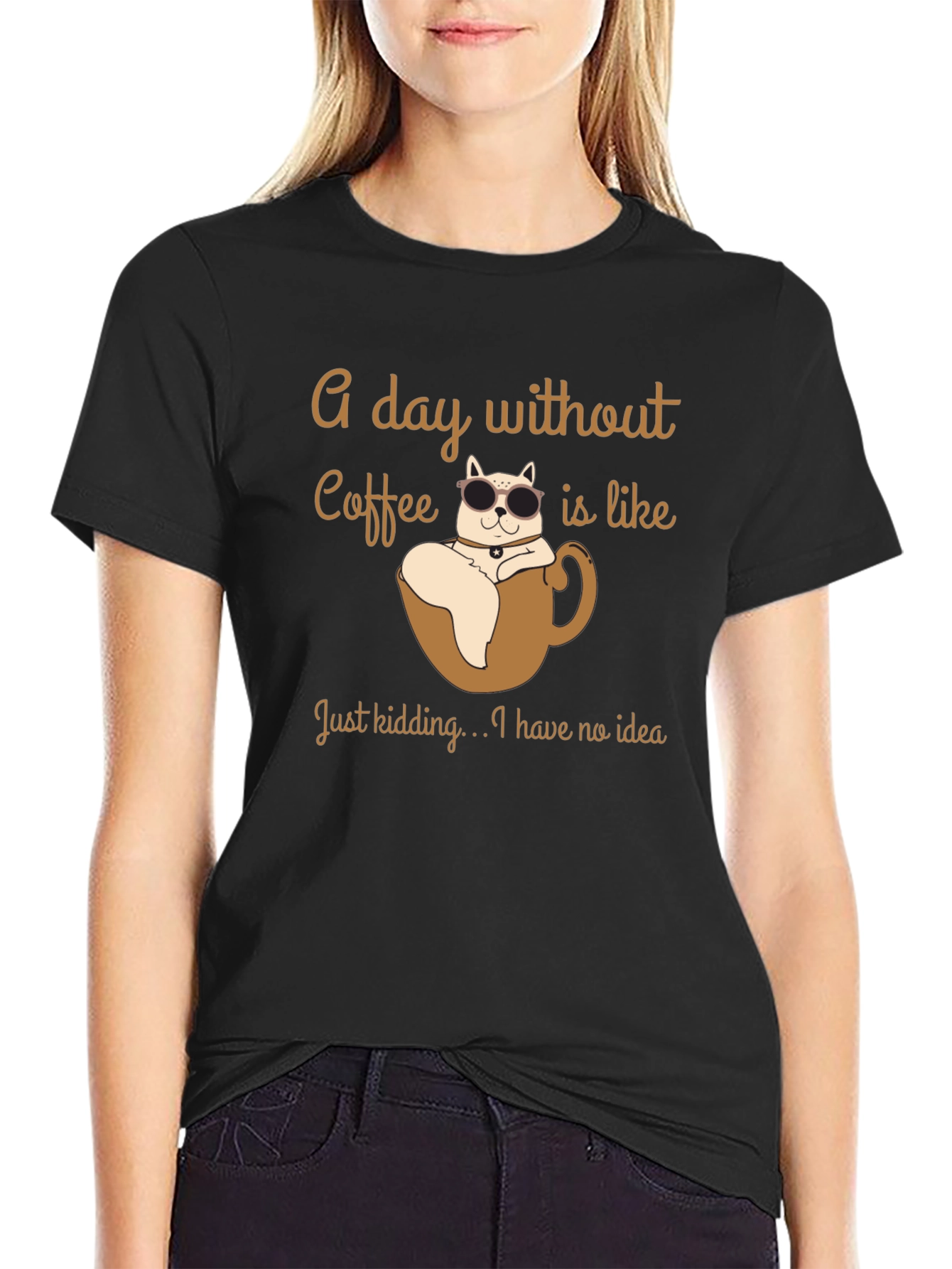 Camiseta Negra con Diseño de Gato en Taza de Café