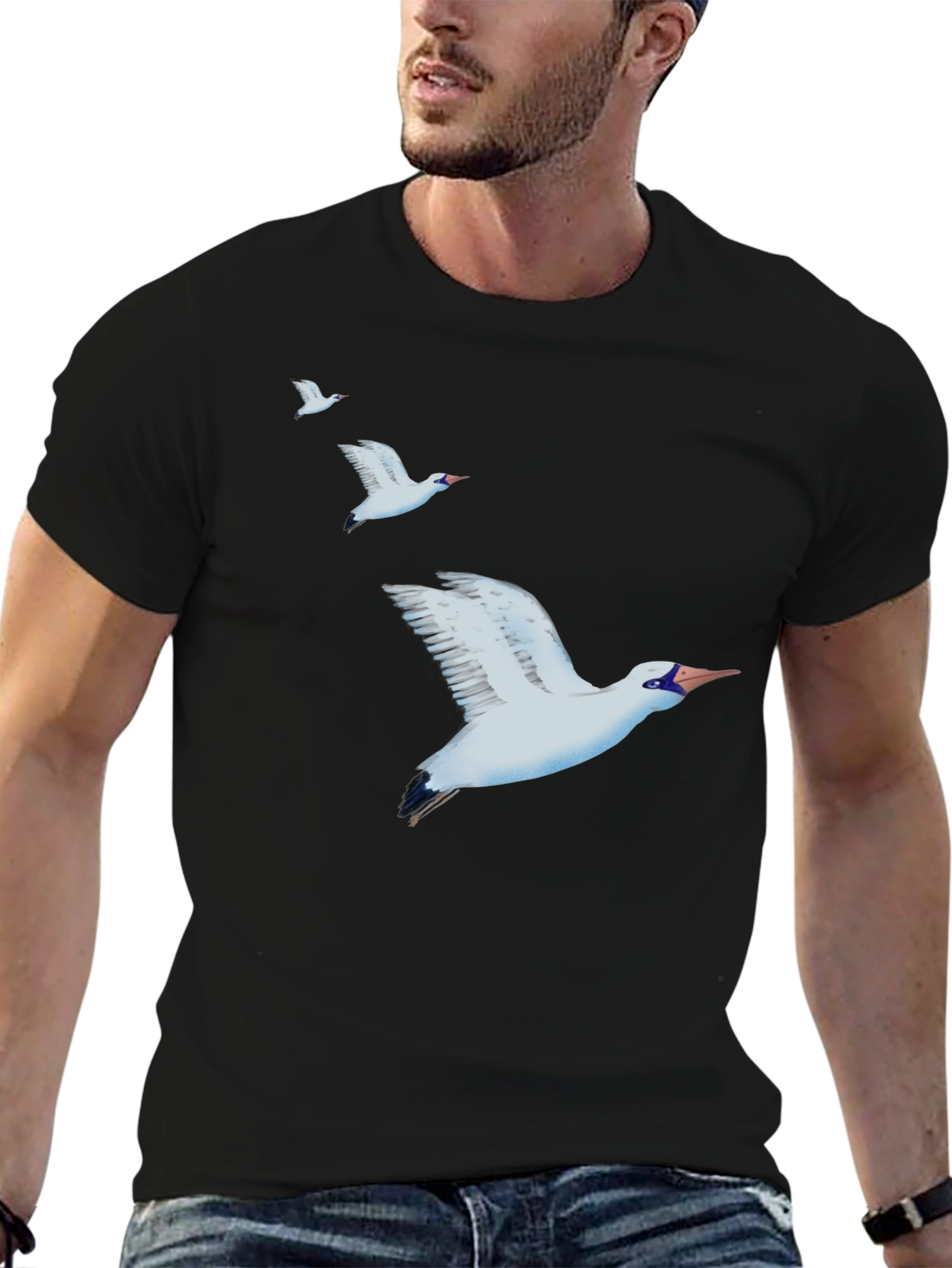 Camiseta Negra con Diseño de Aves Marinas