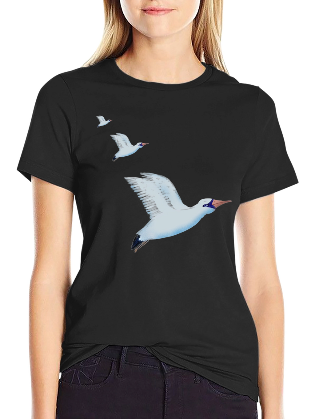 Camiseta Negra con Diseño de Aves Marinas