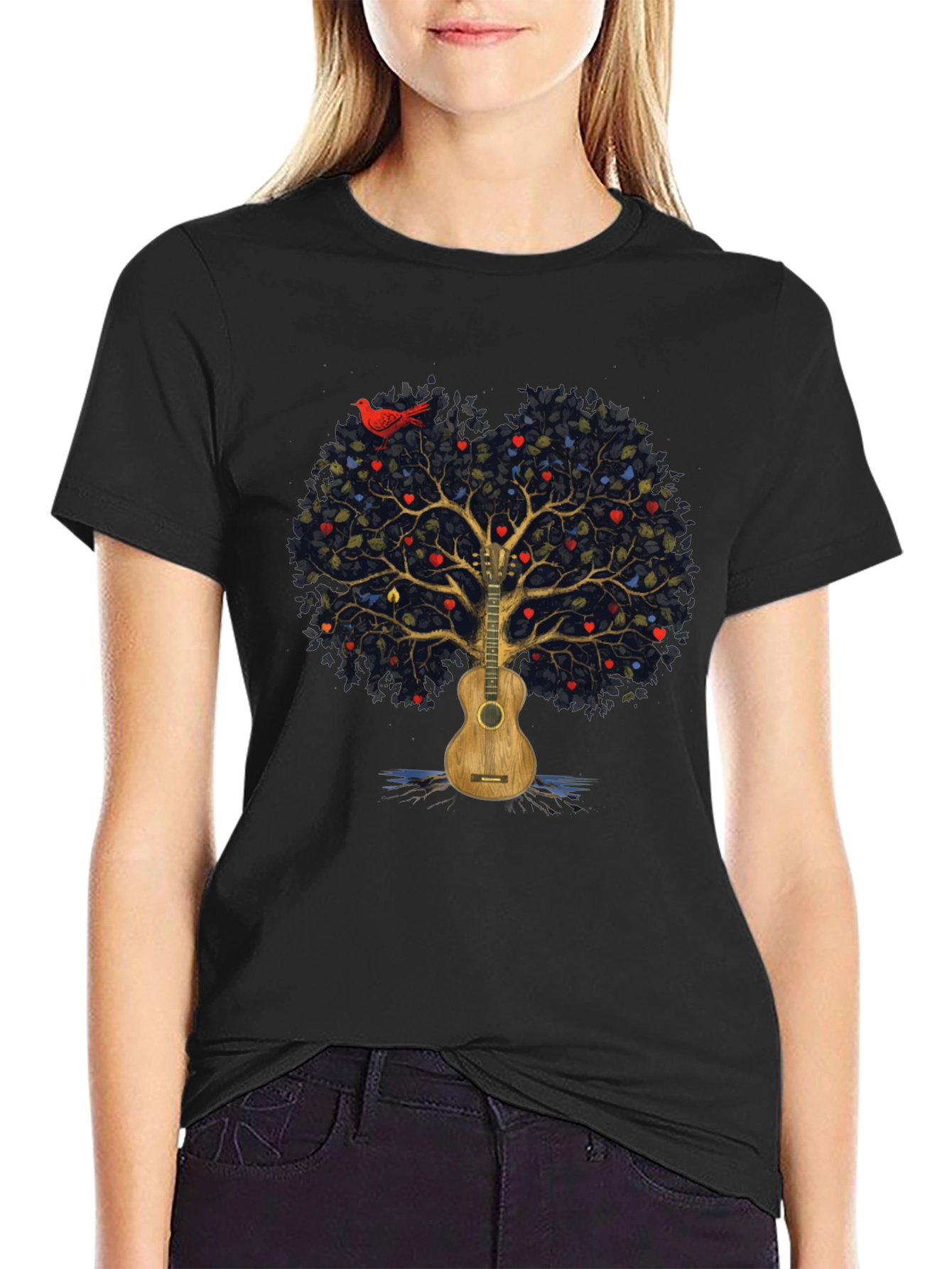 Camiseta Negra con Diseño de Árbol de Guitarra Musical