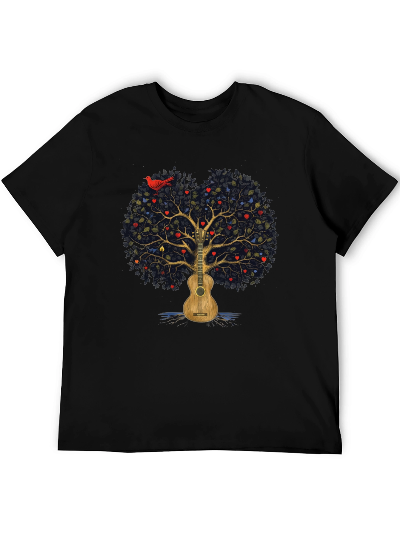 Camiseta Negra con Diseño de Árbol de Guitarra Musical
