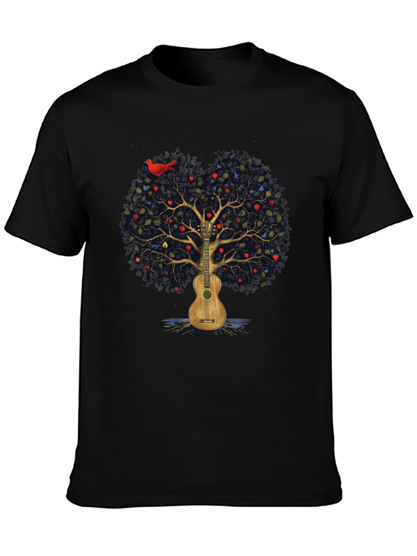 Camiseta Negra con Diseño de Árbol de Guitarra Musical