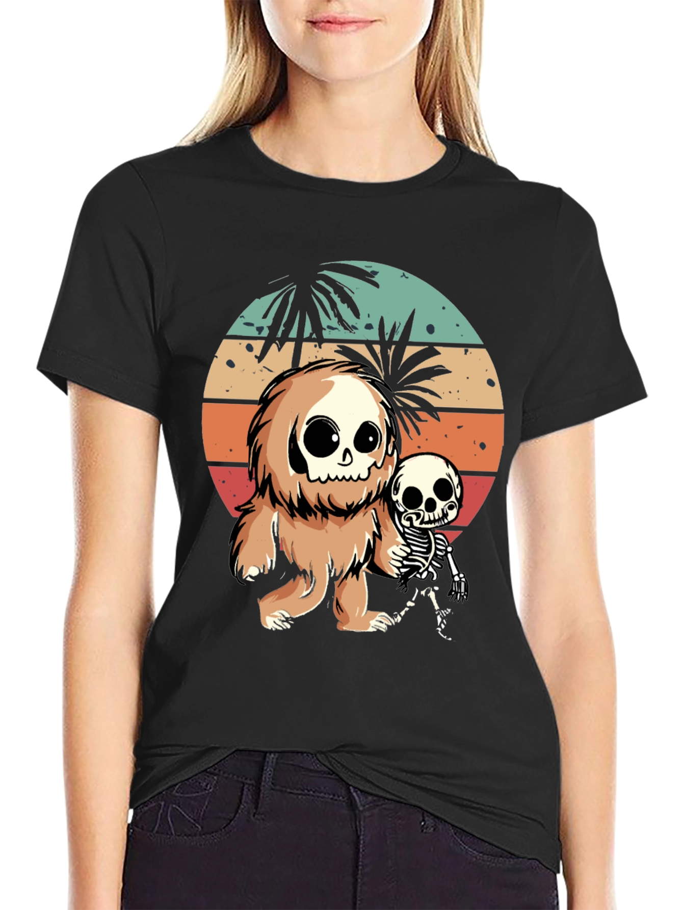 Camiseta Negra con Diseño de Bigfoot y Esqueleto