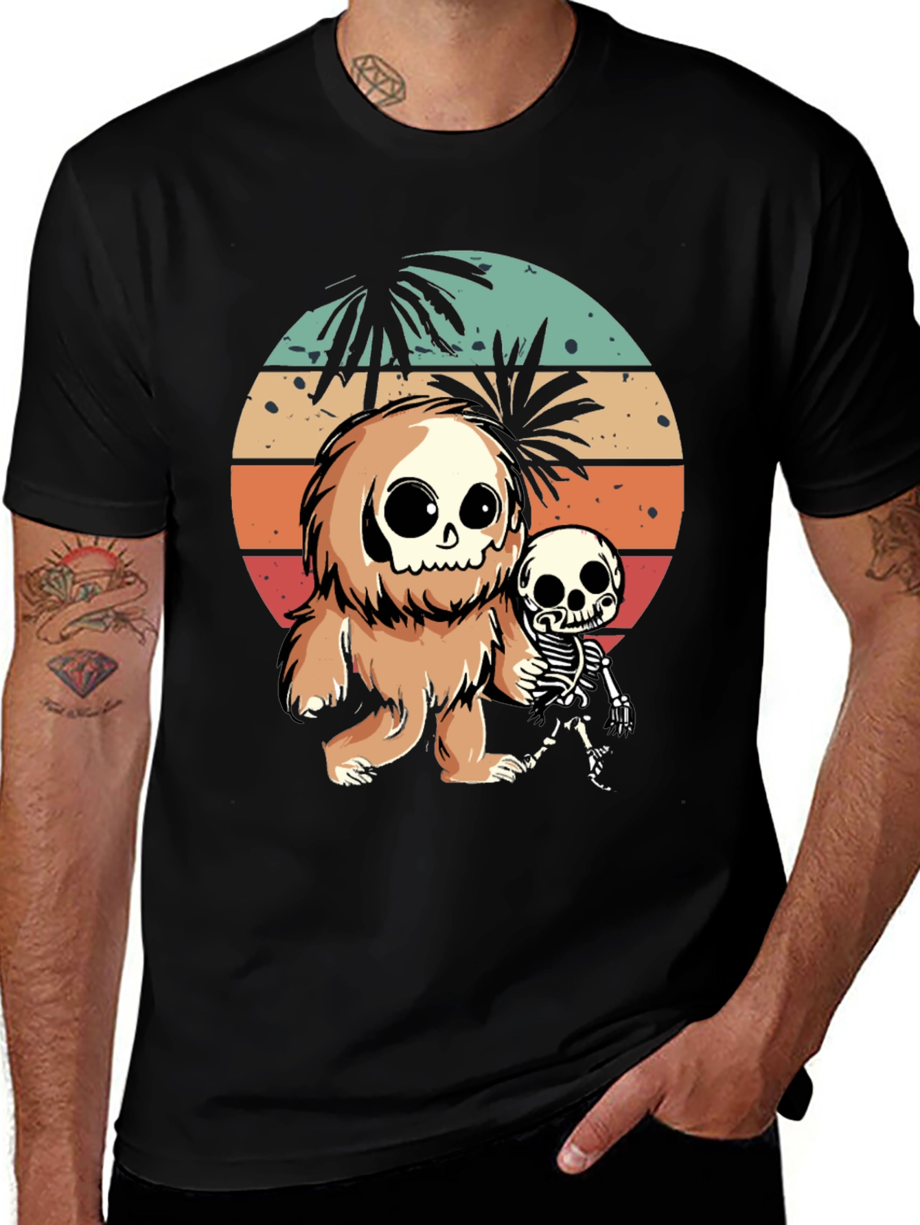 Camiseta Negra con Diseño de Bigfoot y Esqueleto