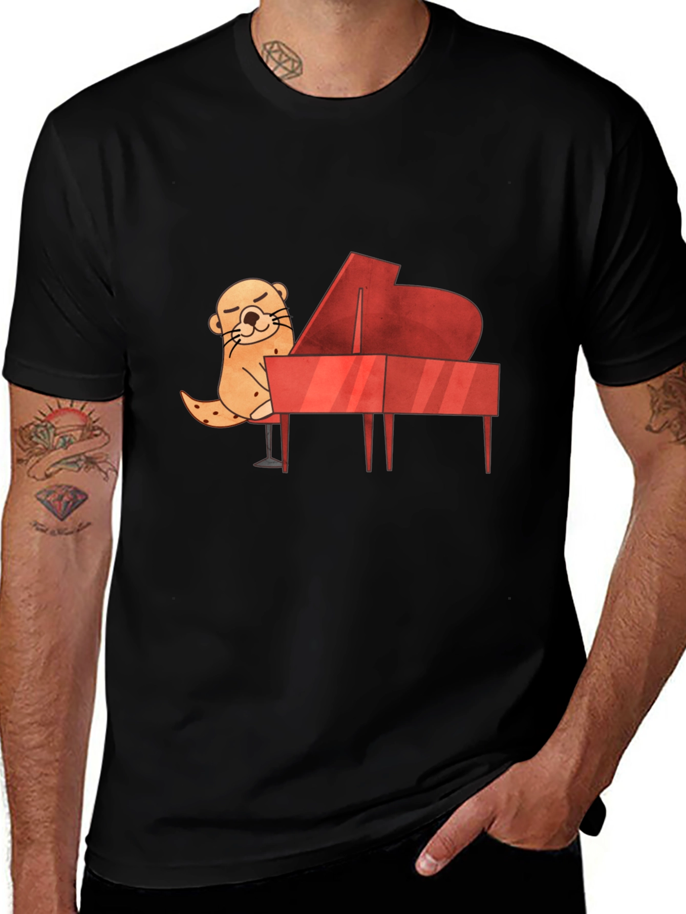 Camiseta Negra con Diseño de Nutria Pianista