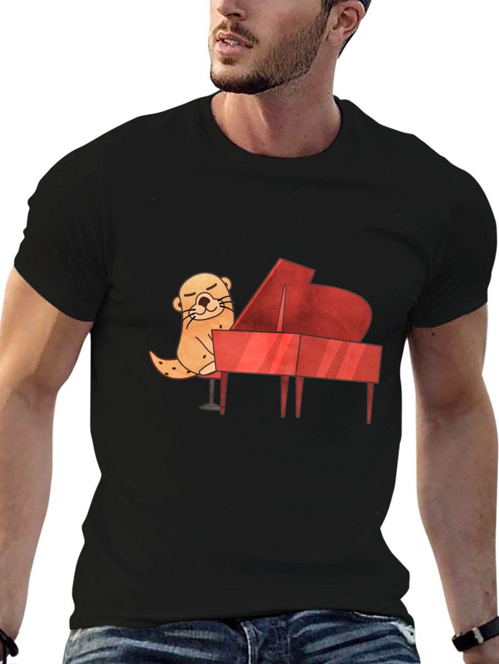 Camiseta Negra con Diseño de Nutria Pianista