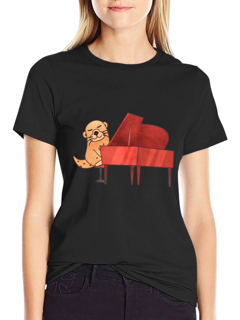 Camiseta Negra con Diseño de Nutria Pianista