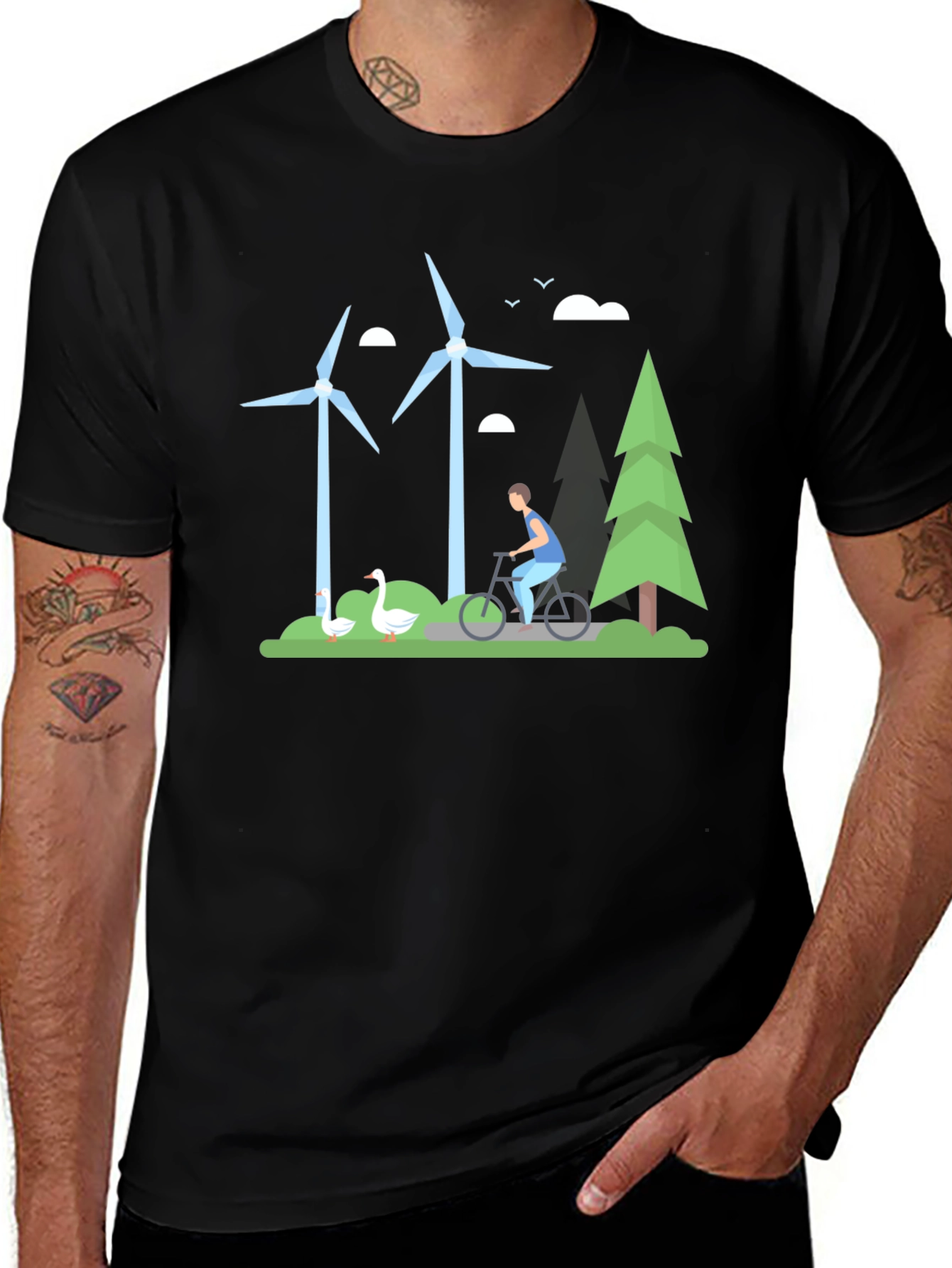 Camiseta Negra con Diseño de Energía Eólica y Ciclismo