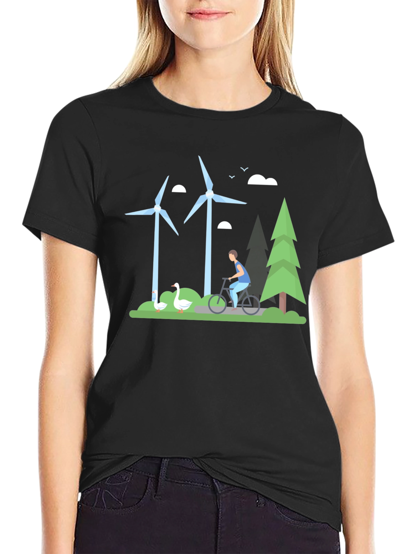 Camiseta Negra con Diseño de Energía Eólica y Ciclismo