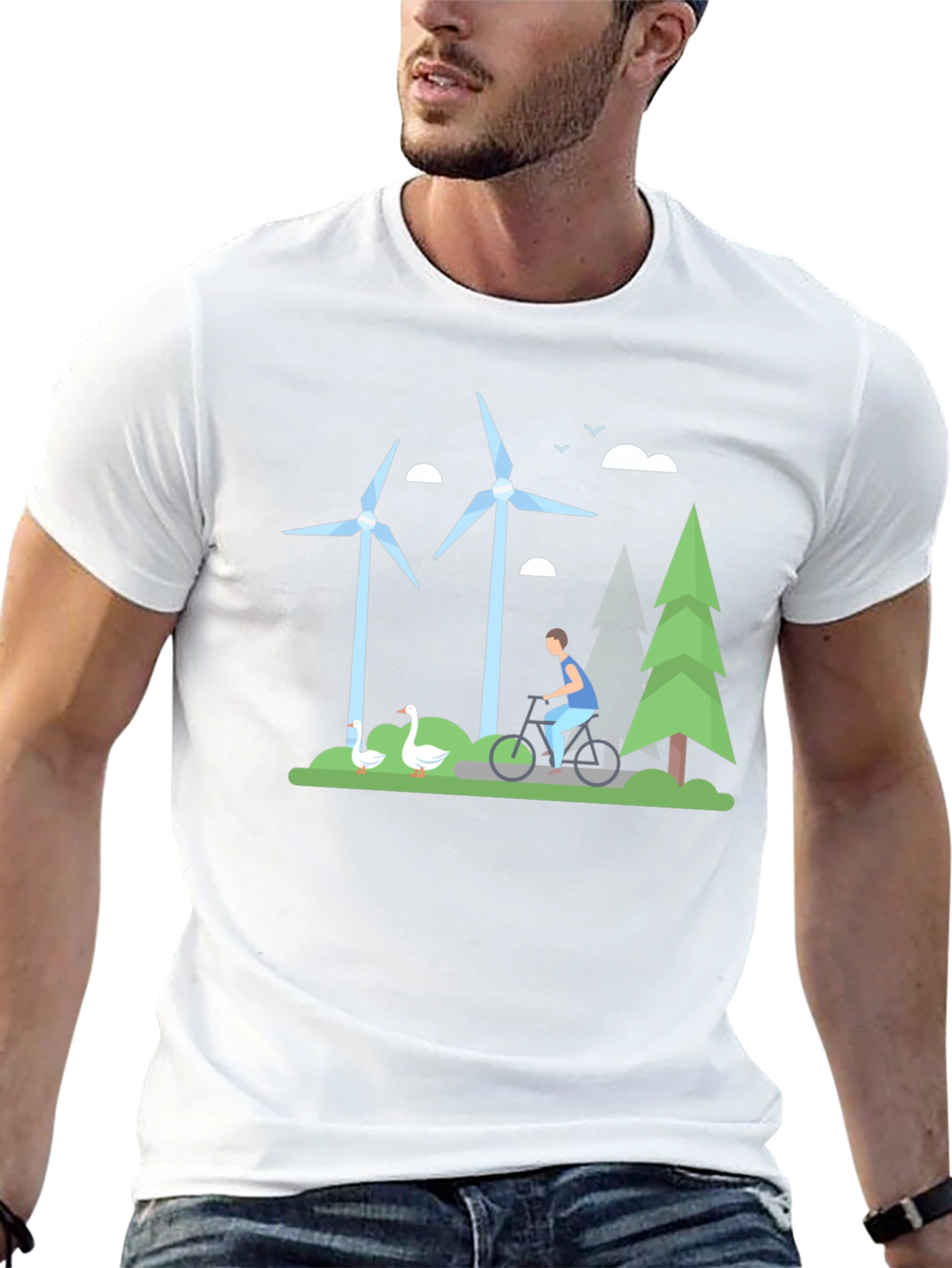 Camiseta Negra con Diseño de Energía Eólica y Ciclismo